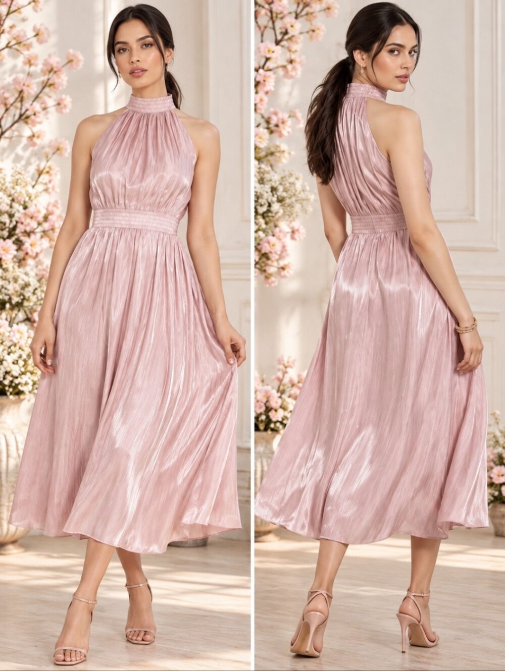 New o.p.t. Caralyn Shimmering Halter Mauve Pink Party Midi Dress NWT Sz S